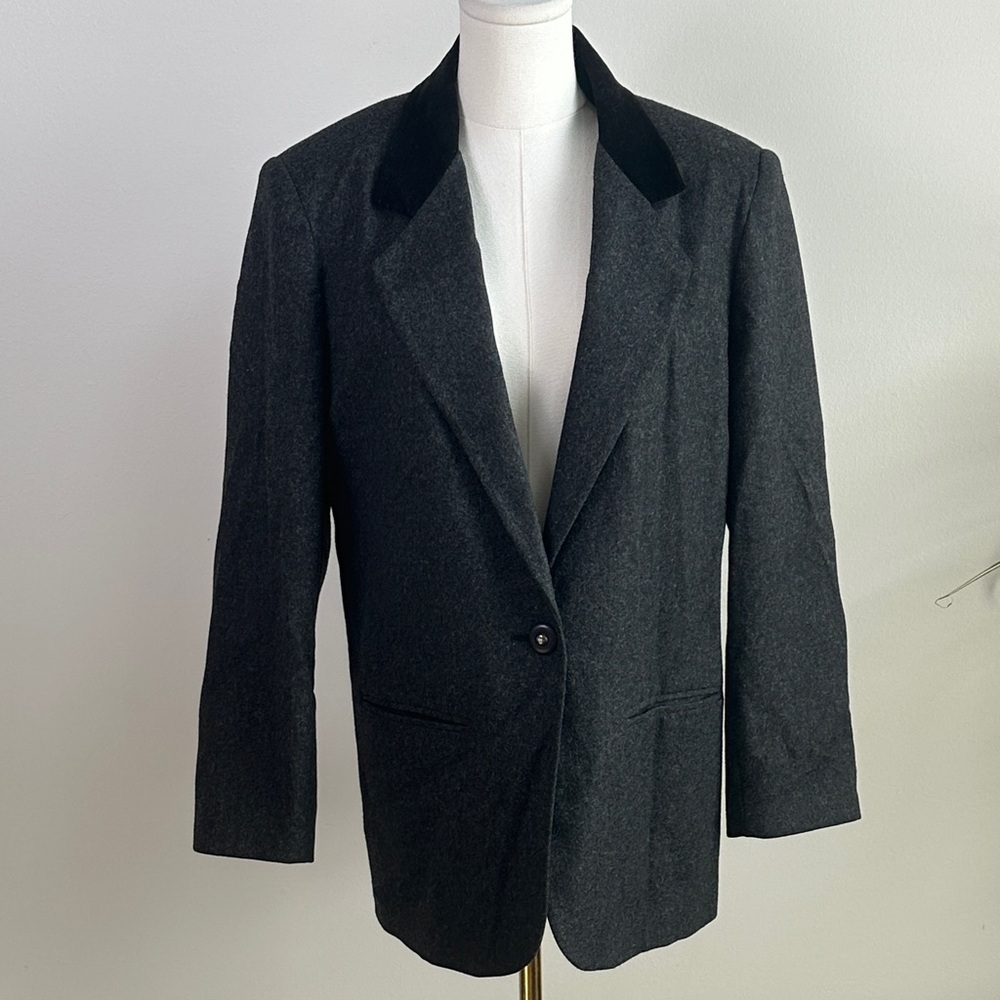 Vtg Wool Neutral Gray Velvet Collar Dark Academia Old Money Relaxed Blazer 10
